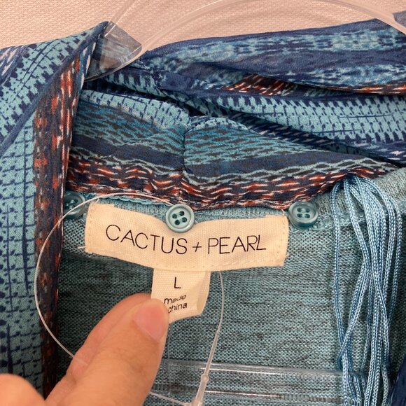 New Cactus + Pearl Large Blue 3/4 Sleeve Stretch Knit Scarf Boho Print Top - Picture 2 of 8